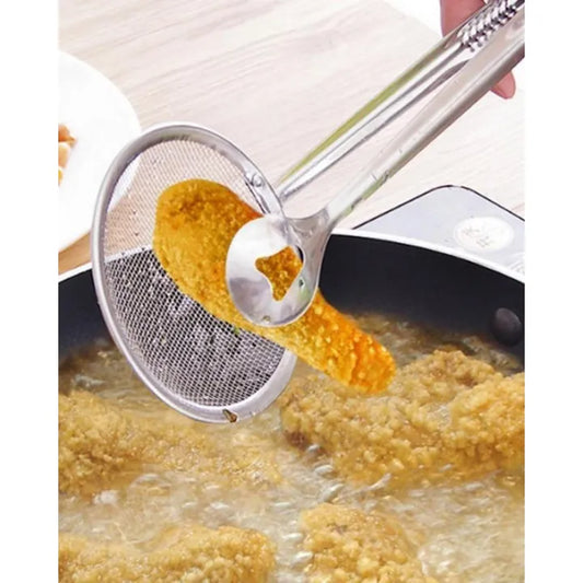 Imported Multi-functional 2 in 1 Fry Tool Filter Spoon Strainer With Clip,Oil Frying BBQ Filter Stainless Steel Mesh Strainer Kitchen Tool Frying Mesh Colander Quick Strain Stainless Steel Tong Colander