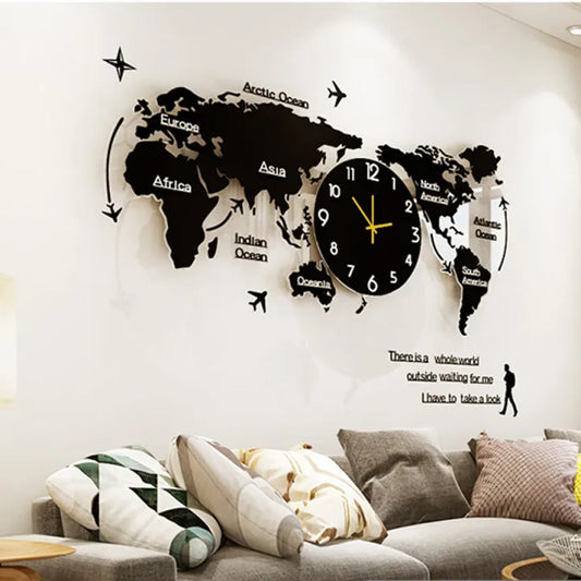 New World Map Wooden Wall Clock | 3D Quartz Watch DIY Design Decorative Wooden Clock for Home Decor and Living Room