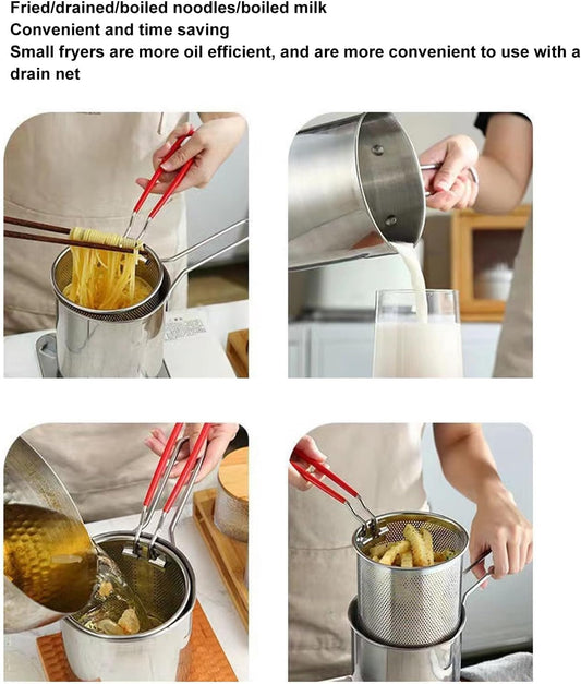 304 Stainless Steel Mini Deep Fryer Pot with Silicone Handle and Removable Basket for Tempura, Chips, Fries, and Fish