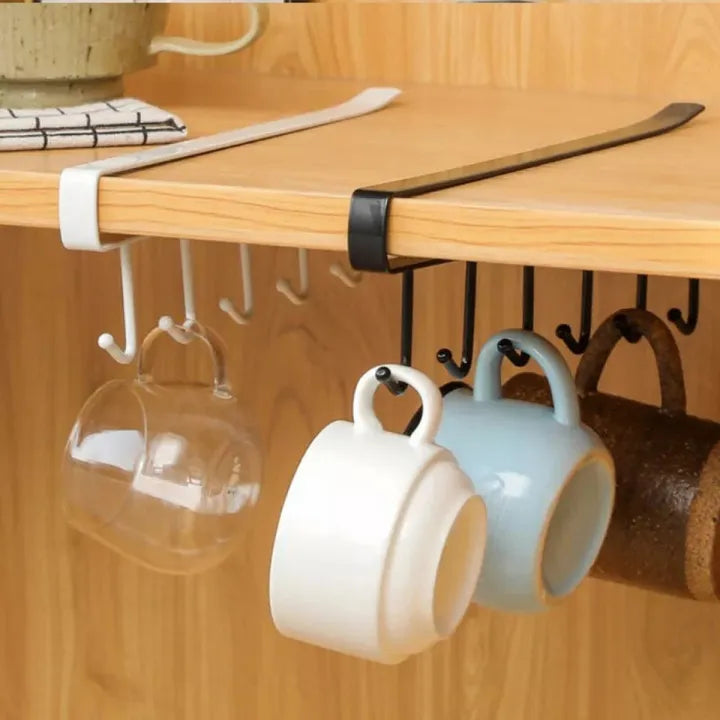 6 Hooks Metal Hanger For Kitchen, Mug Cup Storage Rack Cupboard Hanging Coffee Cup Organizer Closet Clothes Shelf Hanger Knife, Spoons