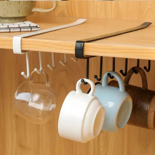 6 Hooks Metal Hanger For Kitchen, Mug Cup Storage Rack Cupboard Hanging Coffee Cup Organizer Closet Clothes Shelf Hanger Knife, Spoons