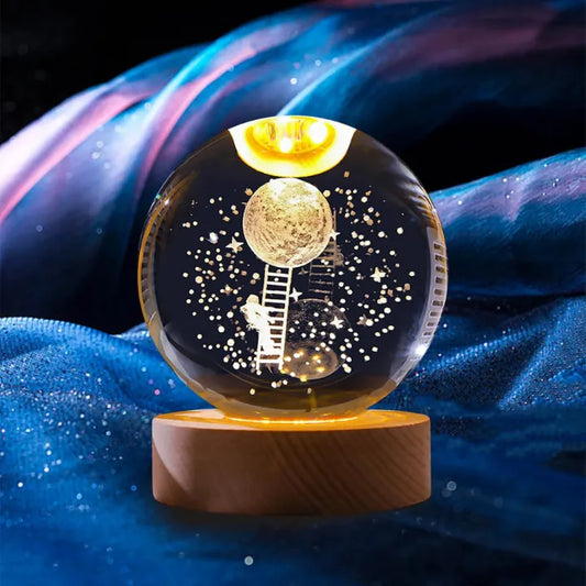 3D Crystal Globe LED Lamp with Wooden Base – Decorative Night Light for Home & Office