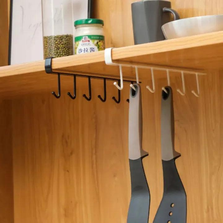 6 Hooks Metal Hanger For Kitchen, Mug Cup Storage Rack Cupboard Hanging Coffee Cup Organizer Closet Clothes Shelf Hanger Knife, Spoons
