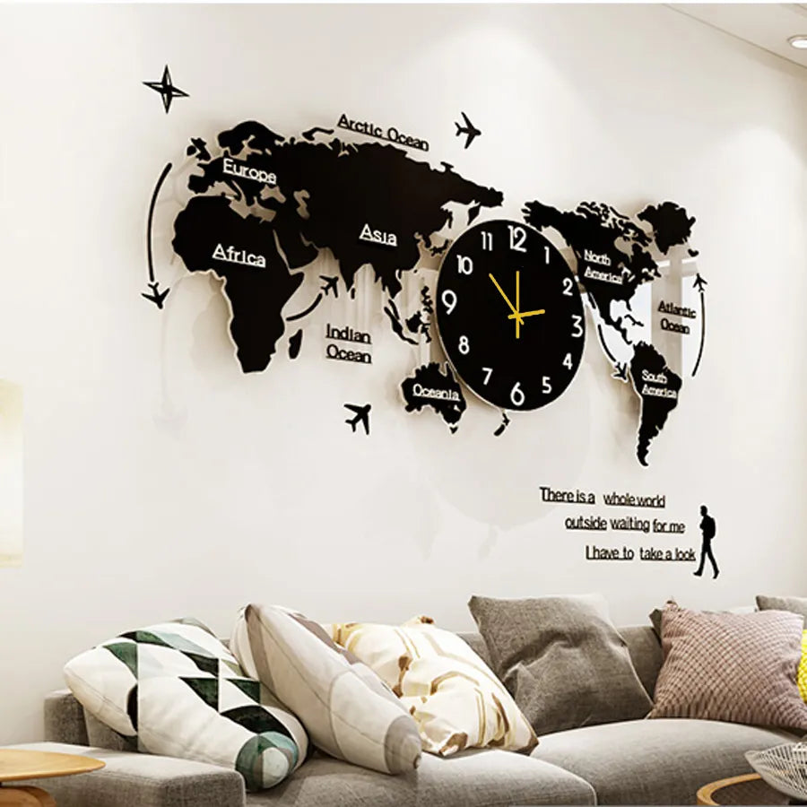 New World Map Wooden Wall Clock | 3D Quartz Watch DIY Design Decorative Wooden Clock for Home Decor and Living Room