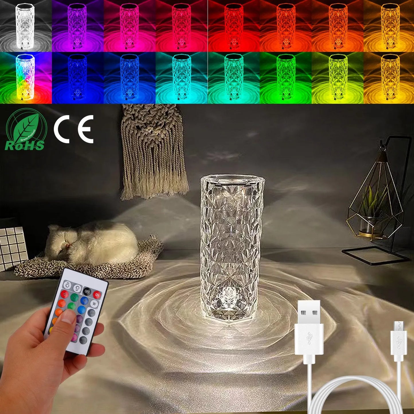 Large Crystal Lamp Rose Light - 16 Color Changing Crystal Diamond Lamp with Remote