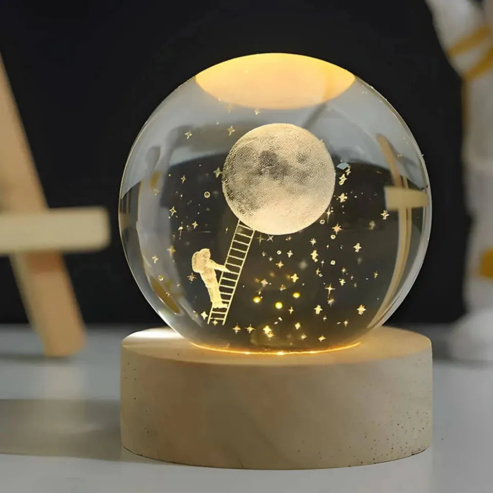 3D Crystal Globe LED Lamp with Wooden Base – Decorative Night Light for Home & Office