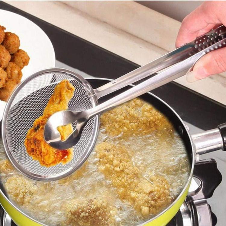 Imported Multi-functional 2 in 1 Fry Tool Filter Spoon Strainer With Clip,Oil Frying BBQ Filter Stainless Steel Mesh Strainer Kitchen Tool Frying Mesh Colander Quick Strain Stainless Steel Tong Colander