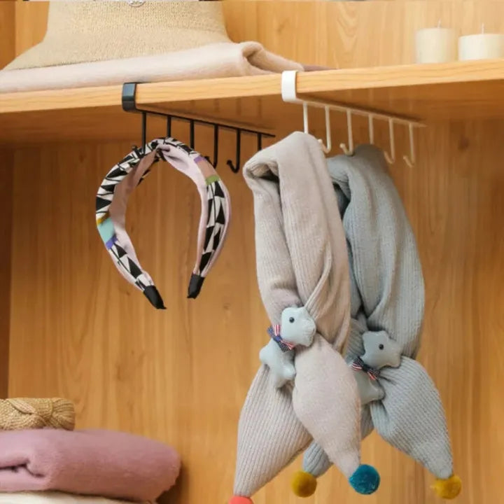 6 Hooks Metal Hanger For Kitchen, Mug Cup Storage Rack Cupboard Hanging Coffee Cup Organizer Closet Clothes Shelf Hanger Knife, Spoons