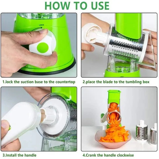 Manual Tabletop Drum Cheese Grater, 3 in 1 Rotary Shredder Slicer Grinder for Cucumber Nut Potato Carrot Cheese, Vegetable Salad ,Green