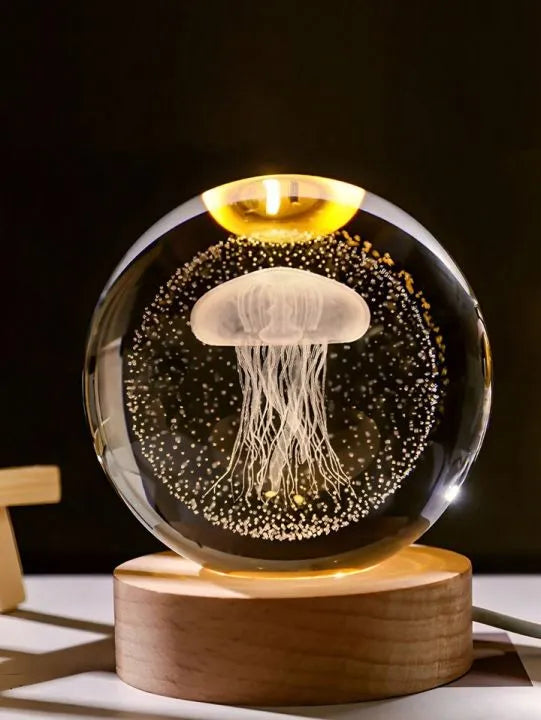 3D Crystal Globe LED Lamp with Wooden Base – Decorative Night Light for Home & Office