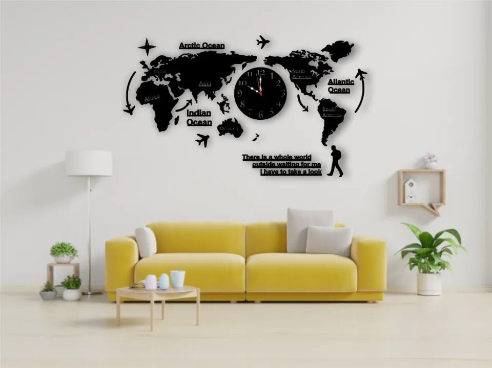 New World Map Wooden Wall Clock | 3D Quartz Watch DIY Design Decorative Wooden Clock for Home Decor and Living Room