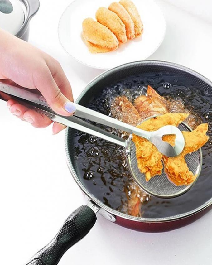 Imported Multi-functional 2 in 1 Fry Tool Filter Spoon Strainer With Clip,Oil Frying BBQ Filter Stainless Steel Mesh Strainer Kitchen Tool Frying Mesh Colander Quick Strain Stainless Steel Tong Colander