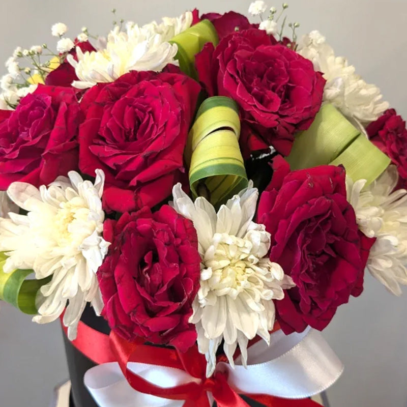 Luxury Red Roses & White Chrysanthemum Flower Box - Imported