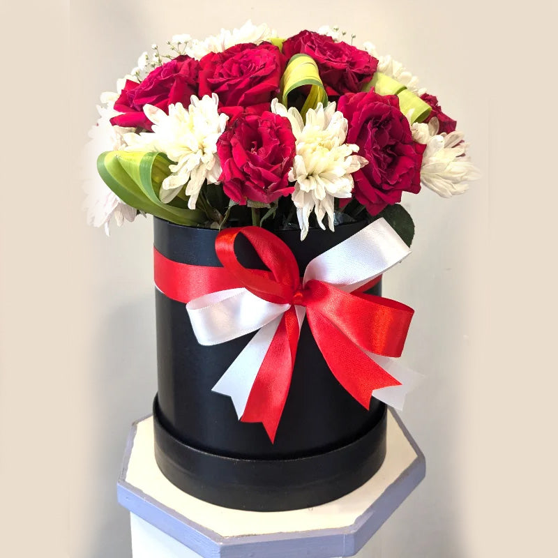 Luxury Red Roses & White Chrysanthemum Flower Box - Imported